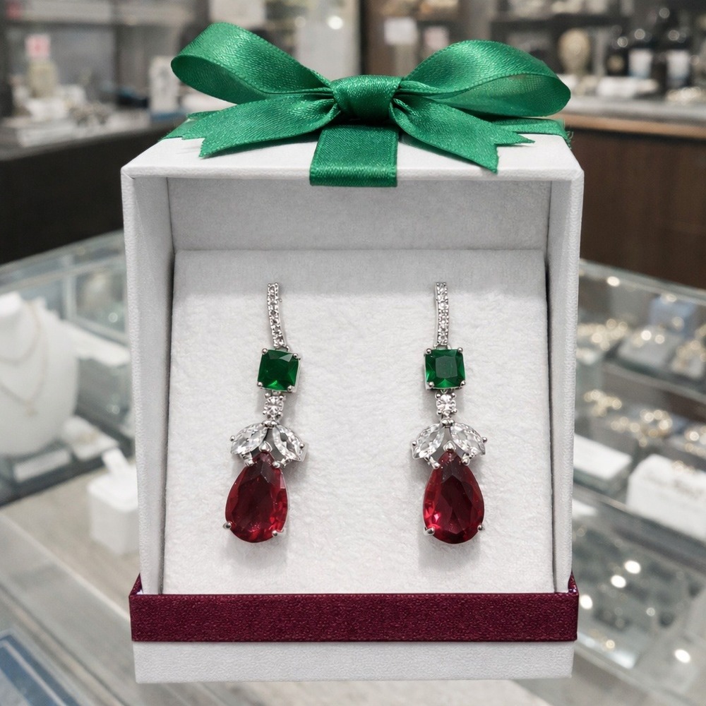 Emerald Green and Ruby Red Crystal Drop Earrings Silver Tone Holiday‎ Statement